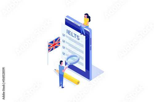 English Proficiency Test and Exam. IELTS International English Language Testing System. Vector illustration.