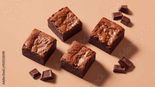 Delicious chocolate brownies with rich texture and melted chocolate pieces on beige background.