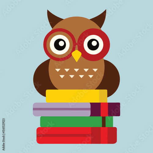 Charming brown owl wearing glasses diligently reading a vibrant red book on a white background