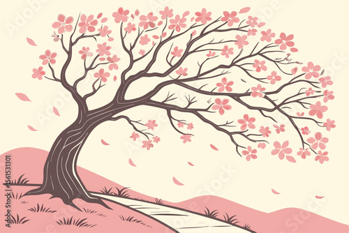 Beautiful cherry blossom tree illustration in full bloom