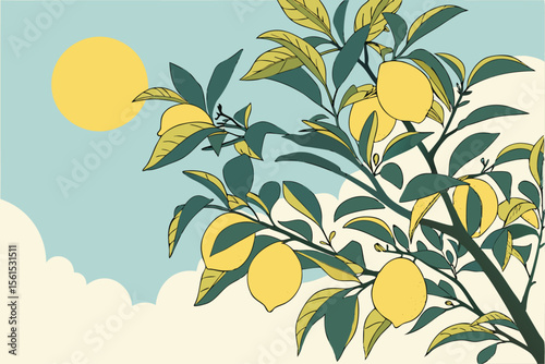 Vibrant yellow lemon tree illustration with lush green leaves and bright citrus fruit