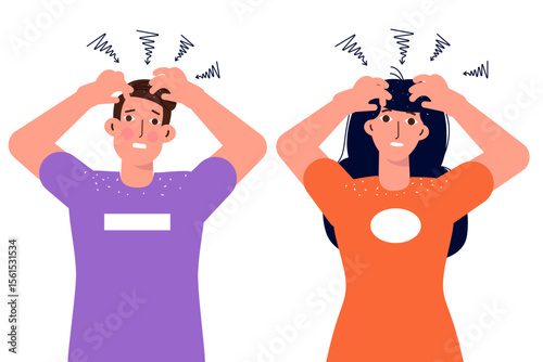 Dandruff, Itchy head and  concept. Nervous man and woman scratching her itchy scalp. Vector illustration.