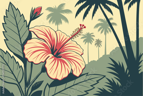 Vibrant hibiscus flower illustration with tropical petals and center