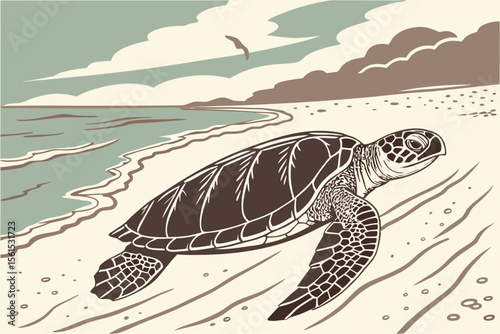 Charming vector illustration of a turtle moving slowly in a natural setting