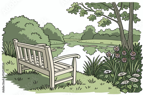 Serene wooden bench beside calm water in peaceful landscape