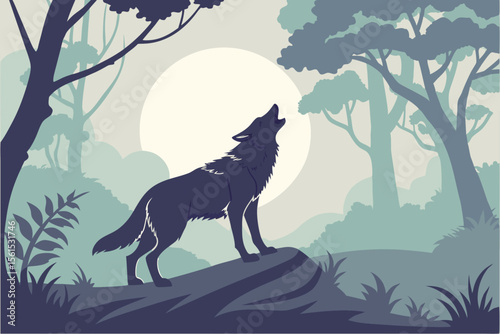 Majestic wolf howling at a bright full moon under a starry night sky