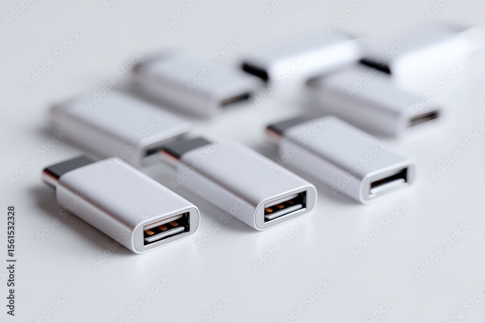 Group of USB-C adapters arranged on clean white surface Group of USB-C adapters arranged on clean white surface