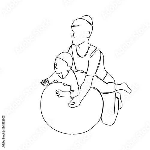 One continuous single drawing line art flat doodle child, mother, baby, indoor, lifestyles, sport, physiotherapy. Isolated image hand draw contour on a white background, hand drawn, not AI