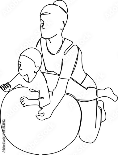 One continuous single drawing line art flat doodle child, mother, baby, indoor, lifestyles, sport, physiotherapy. Isolated image hand draw contour on a white background, hand drawn, not AI