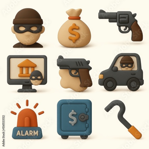 Cartoon icons depicting crime and security.