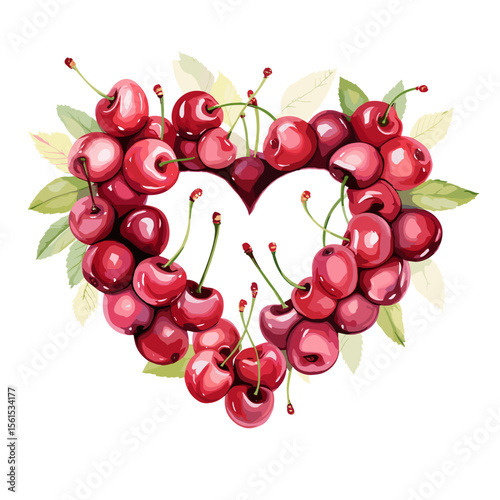 Heart-shaped arrangement of red cherries with green leaves  
