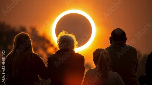 People watching a solar eclipse with bright light in the sky from behind their backs at dusk time