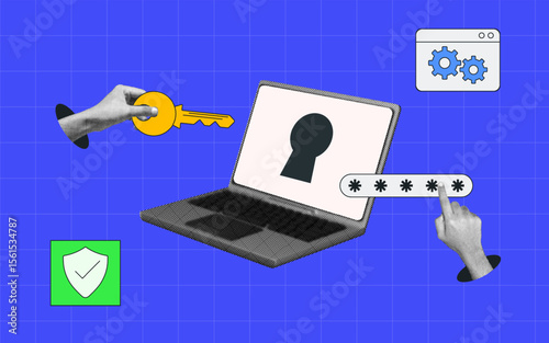 halftone collage, Cyber ​​Security login concept with password input, key access, hand gestures and keyhole screen, secure data access, user authentication and online privacy protection