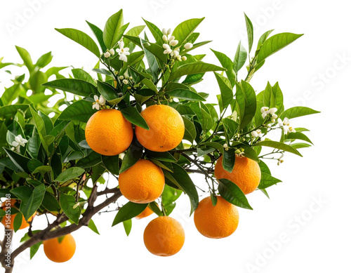 Orange tree branch with ripe citrus fruits, white blossoms and green leaves isolated on transparent background