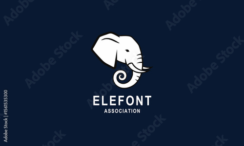 ELEFONT ASSOCIATION Logo with White Stylized Elephant Head and Spiral Trunk on Dark Blue Background, Modern Wildlife Identity
