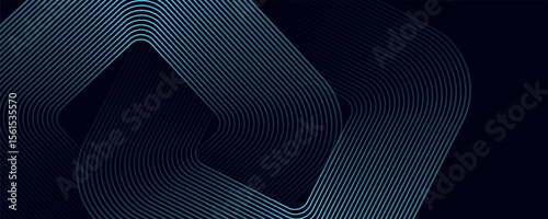 Abstract blue glowing geometric lines on dark background. Modern shiny blue rounded square lines pattern. Futuristic technology concept. Suit for poster, cover, banner, presentation, website, flyer