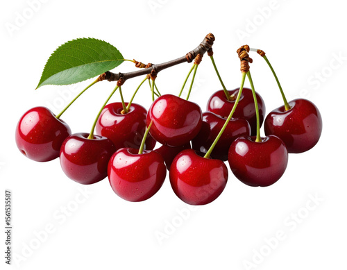 Fresh ripe red cherries with green stems and leaf on transparent background for food and nutrition design