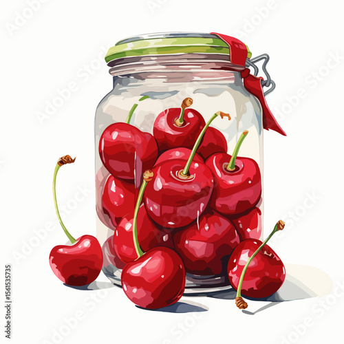 Red cherries in a glass jar with a green lid and ribbon  