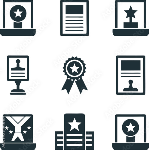 Collection of Achievement and Recognition Icons Depicting Excellence Awards and Official Documentation Presentation for Success and Accomplishments