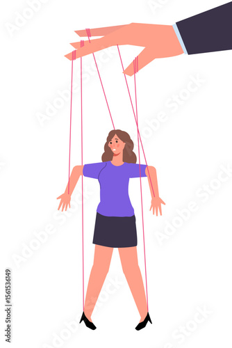 Puppet businesswoman, maniuplate people, marionette control concept, business manipulation. Vector illustration.