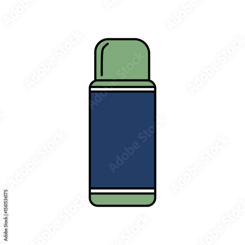 Simple graphic icon of a reusable thermos bottle with green top/bottom and dark blue body. Ideal for travel, hot/cold drinks, and eco-friendly themes.