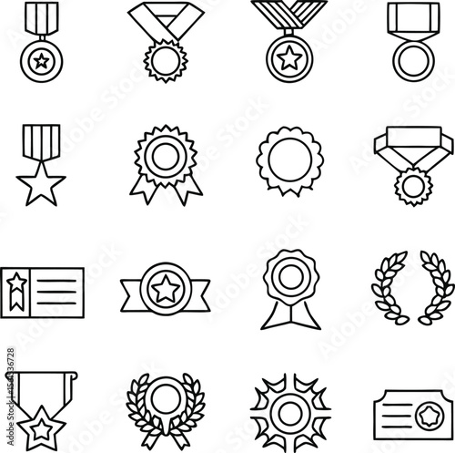 Collection of Achievement and Recognition Icons Medals, Ribbons, Laurel Wreaths, Badges Representing Success, Excellence, and Commemoration in Vector Format