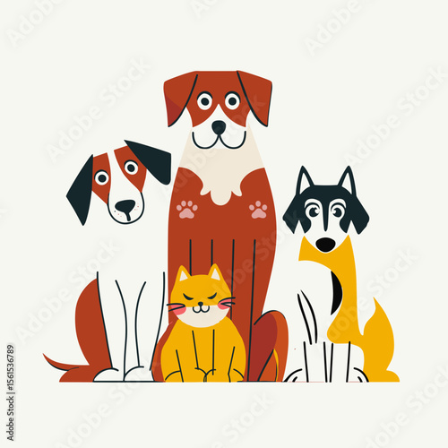 Cartoon Dogs and Cat Illustration: Cute Pets Together as Animal Friends in Vector Art for Pet Adoption, Veterinary Clinic, and Pet Care. Generated image