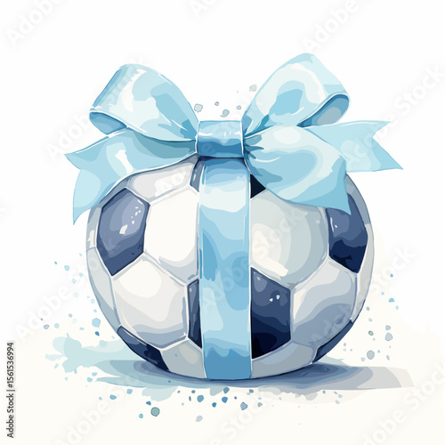 Soccer ball wrapped as a gift with a blue ribbon and bow  