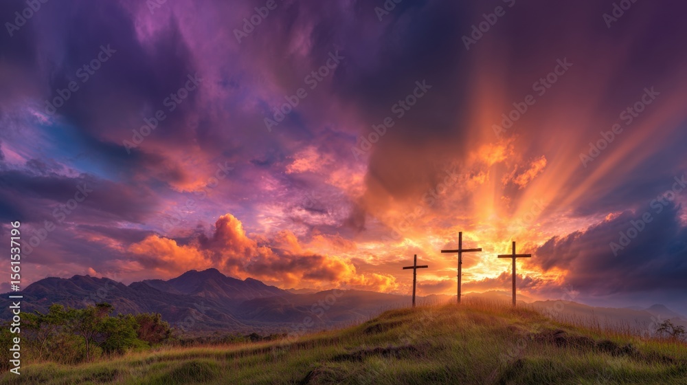 Obraz premium Stunning sunset with vibrant orange purple sky illuminating three crosses on hilltop.