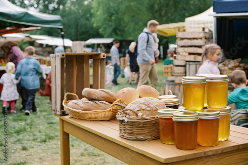 Artisan Breads and Honey Jars at a Sunny Farmers Market