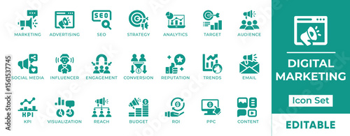 Digital Marketing Icon Set. Features icons of SEO, email campaigns, social media, analytics, and content strategy. Perfect for agencies, websites, and marketing tools.