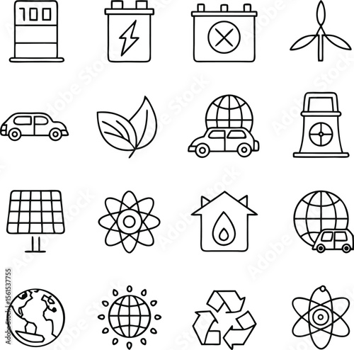 Eco-Friendly Energy and Sustainability Concept Icons Depicting Renewable Resources, Environmental Awareness, and Green Transportation Methods