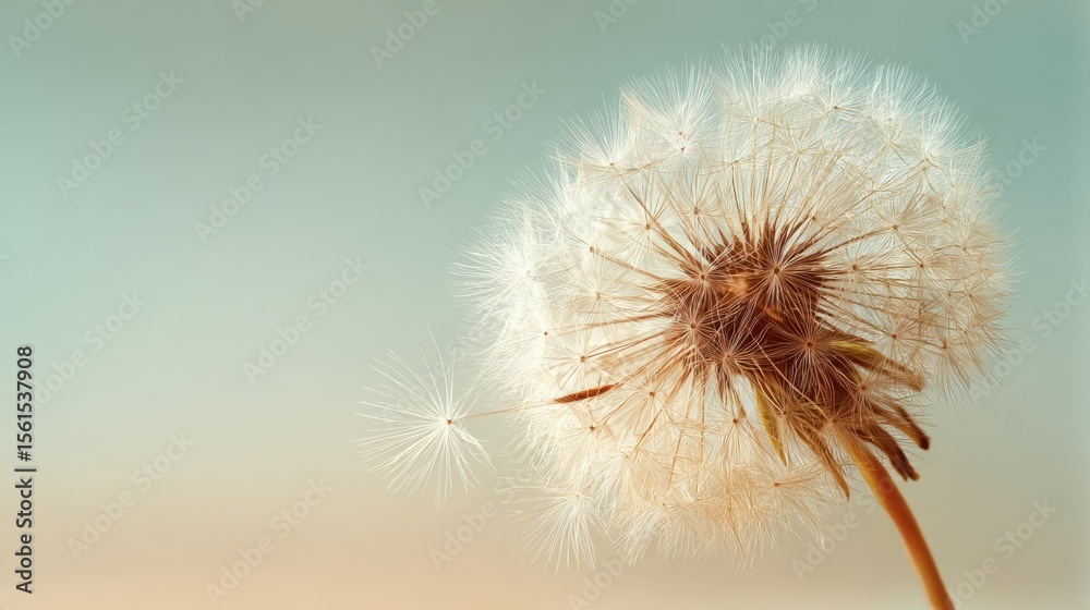 Fototapeta premium Close-up of a dandelion seed head with delicate white parachutes on a soft pastel background.