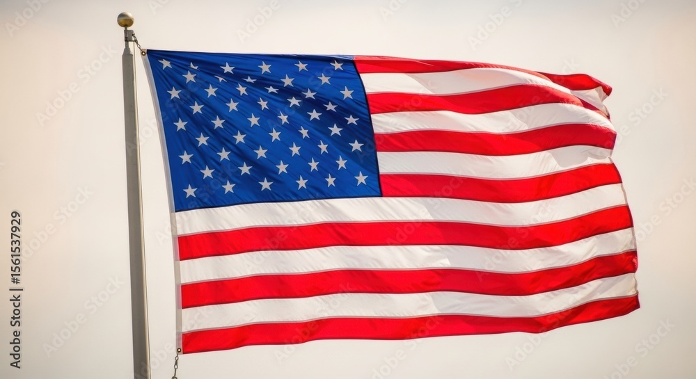 Fototapeta premium Full American Flag Waving on a Pole Against a Light Sky