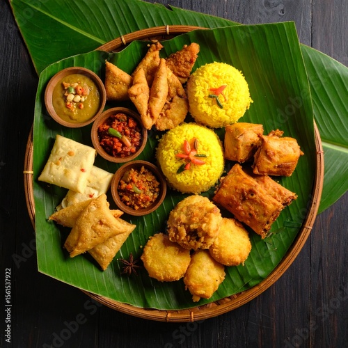 tumpeng, Indonesian food, yellow rice, traditional dish, mini tumpeng, banana leaf, celebration food, flat lay, local cuisine, summer event.

