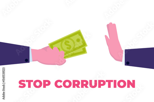 Stop corruption concept. Businessman refusing the offered bribe. Vector illustration.