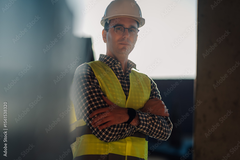 © Ljustina - Confident construction engineer wearing hardhat and safety vest stands with crossed arms © Ljustina - Confident construction engineer wearing hardhat and safety vest stands with crossed arms