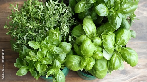 Fresh green herbs displayed in multiple pots.