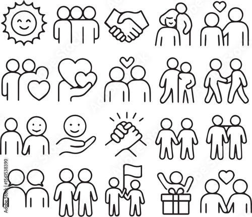 Minimalist Social Icons Collection – Black and White Line Art People & Community Vector Set