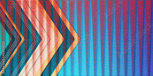 Colorful abstract background with overlapping arrows pointing right, featuring gradient hues of blue, red, and orange with horizontal line patterns.