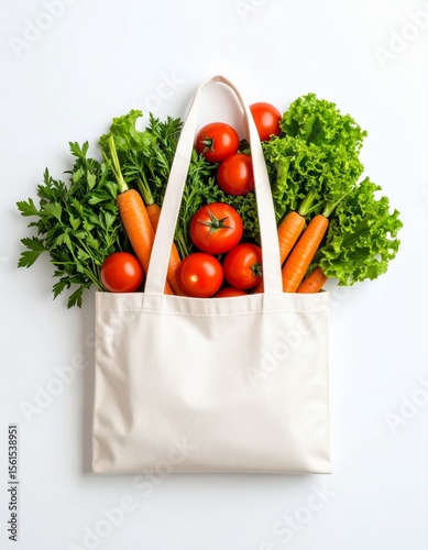 ,Flat lay of reusable shopping bag filled with fresh vegetables such as tomatoes. eco-friendly, reusable bag, fresh vegetables, zero waste, sustainable living, plastic free, green lifestyle, white  photo