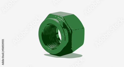 Green hex nut with internal threading on a white background.