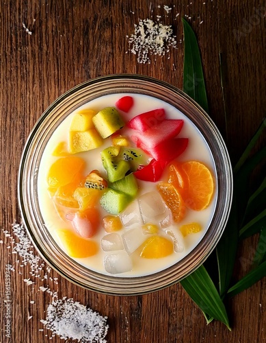 Top view of traditional Indonesian es buah, Indonesian dessert, coconut milk, fresh fruits, tropical drink, summer food, traditional Indonesian food, iced dessert, rustic table, refreshing.