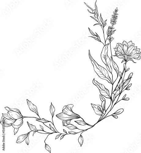 Hand drawn black and white floral lineart featuring delicate blossoms and flowing leaves perfect for botanical themes, minimalist designs, or nature inspired compositions
