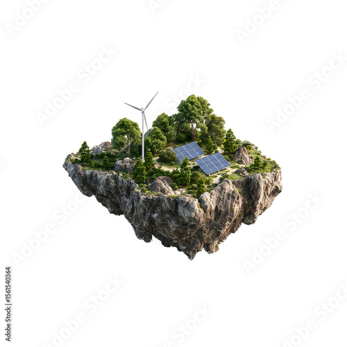 Isometric landscape with solar panels and wind turbines isolated on a transparent background, in a PNG format