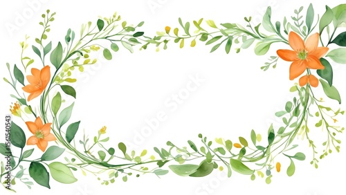 オレンジ×オリーブカラーの植物フレーム素材｜水彩風イラスト