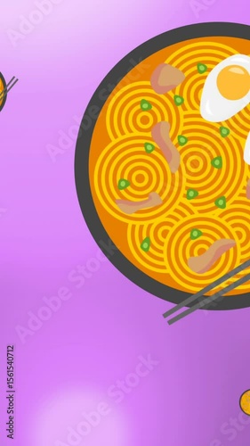 Animation of bowls of noodles with eggs and chopsticks over moving bokeh lights on purple background