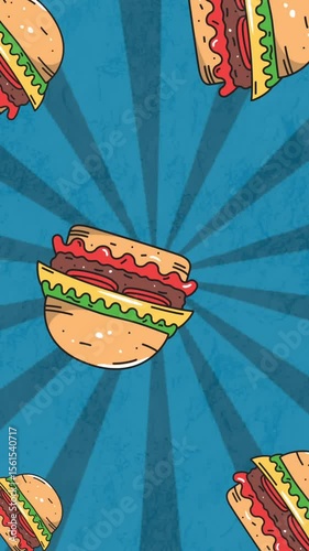 Animation of cheeseburgers falling over rotating blue radiating stripes