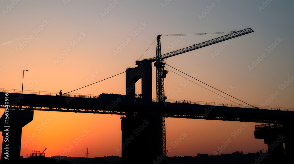 Obraz premium Construction workers building bridge at sunset