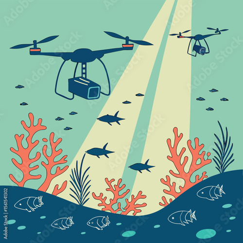 Drones surveying marine life with coral reefs and fish in the ocean under beams of light from above